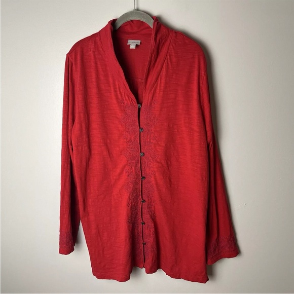 J. Jill Shirt Size XL Tunic Top Embroidered Long Sleeves Red Side Slits Cotton - Picture 2 of 7